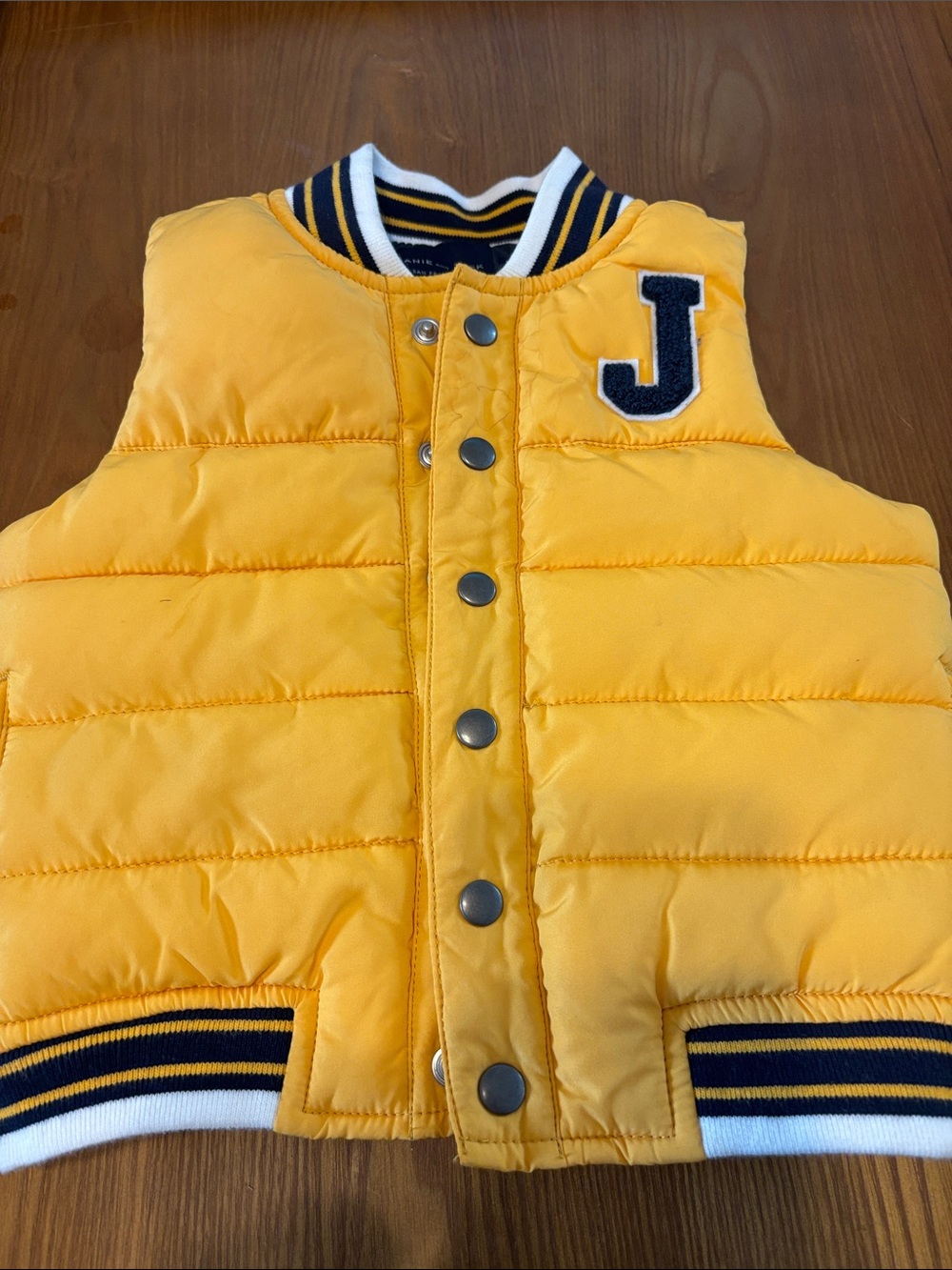 Janie and Jack Yellow Puffer Vest with Navy Trim and 'J' Patch